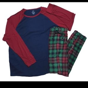 Pajamas Sleep Lounge Set George Men's Blue Red Top W Green Plaid Pants Pockets